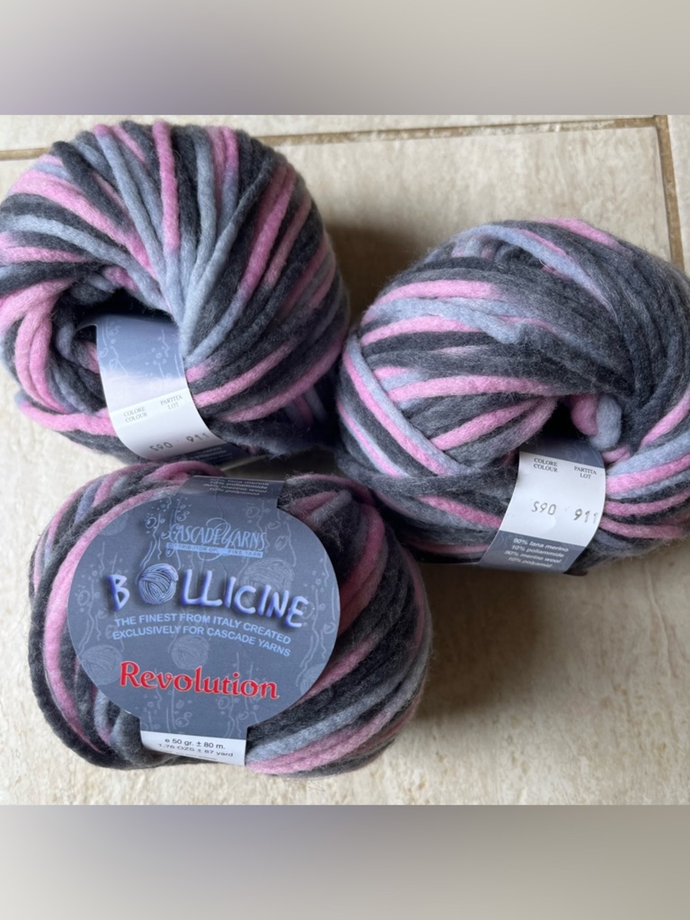 Cascade Bollicine Revolution Merino Blend Yarn Lot 3 Skeins Pink Gray 261 Yards
